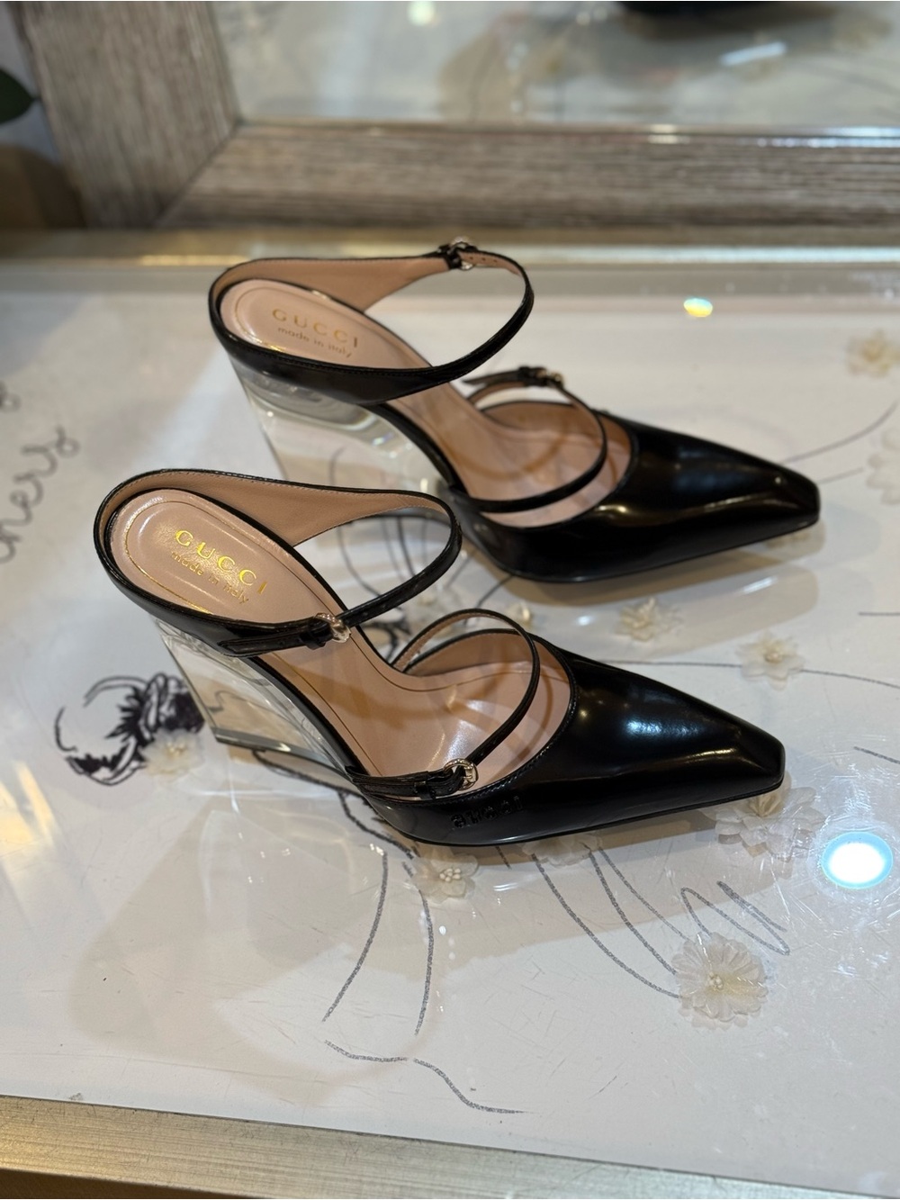 Gucci Black Patent Leather Pointed-Toe Clear Wedge Mules - Picture 6 of 12